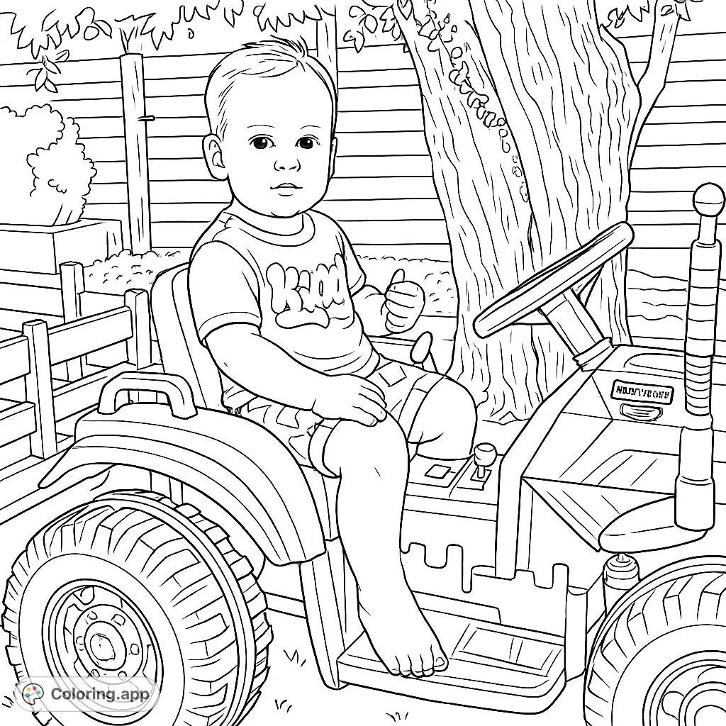 A delightful little farmer on a toy tractor, ready for adventure! This charming child tractor coloring page is perfect for young motor enthusiasts.