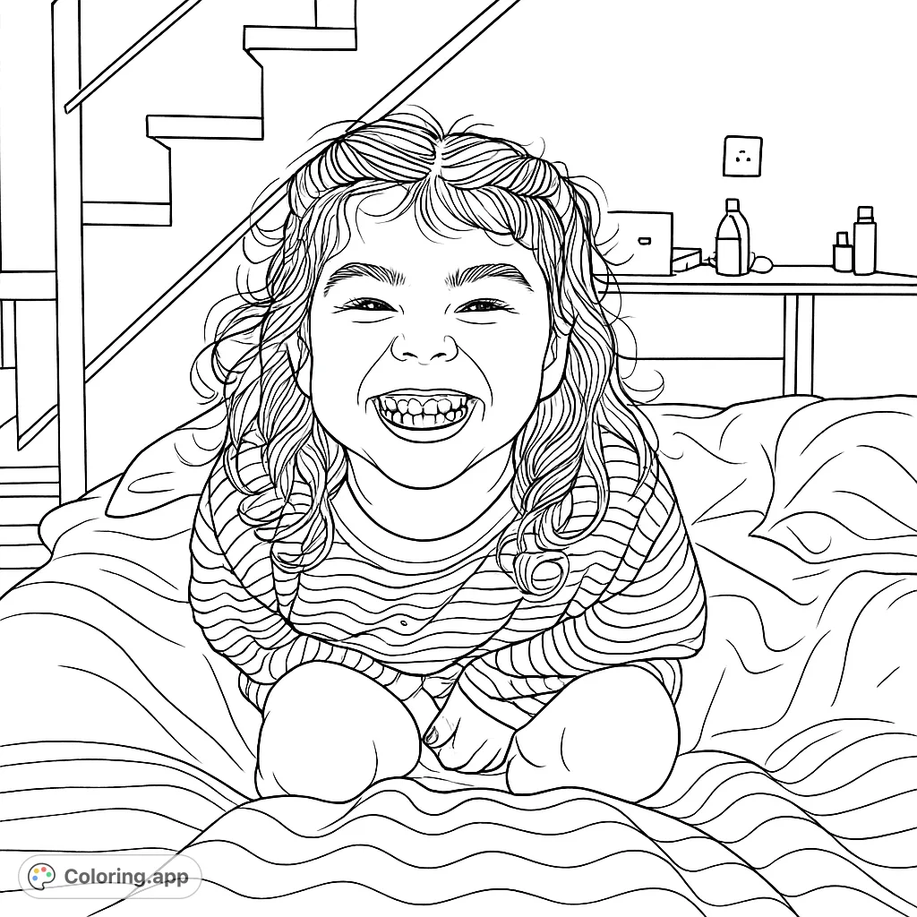 Capture a moment of pure joy with this delightful coloring page featuring a broadly smiling child on a cozy bed. Perfect for creative expression and happy coloring.