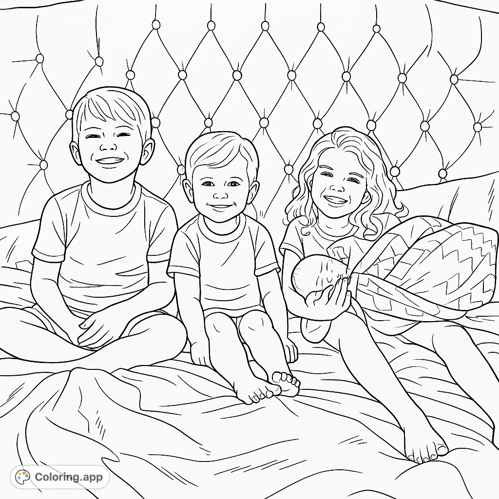 A heartwarming family moment with four children, including a newborn, sitting on a bed. Perfect for fostering creativity and celebrating sibling bonds.
