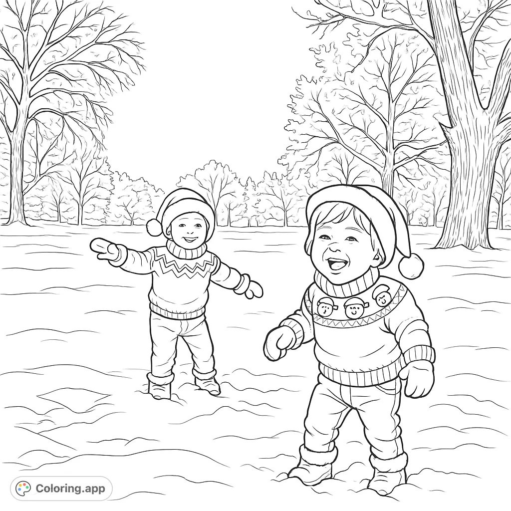 Two joyful children in festive winter attire play in a snow-covered park, surrounded by snow-dusted trees under an open sky. A delightful winter kids coloring page.