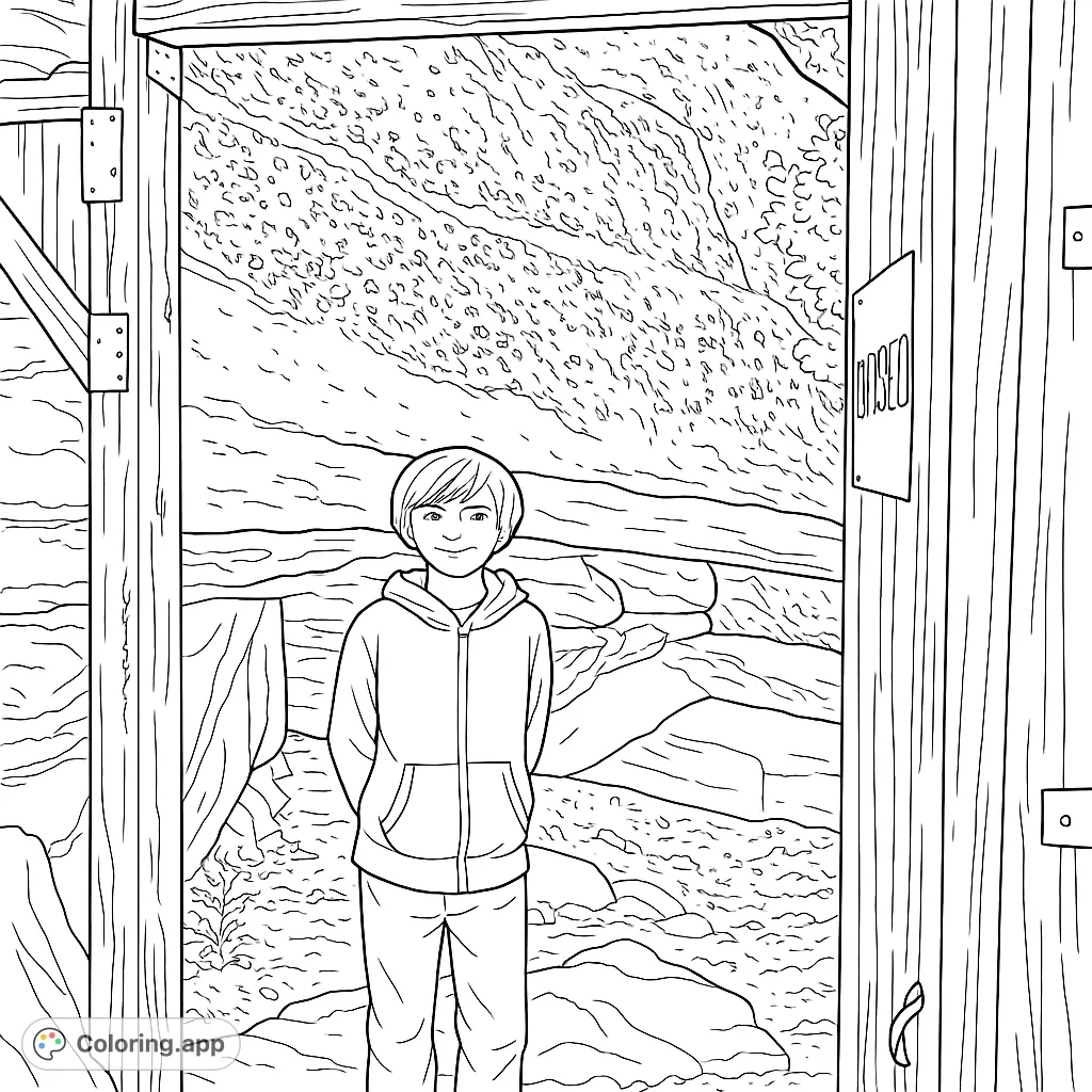 Explore a detailed nature scene featuring a young person framed by a rustic wooden gate and ancient rock formations. Perfect for nature enthusiasts!
