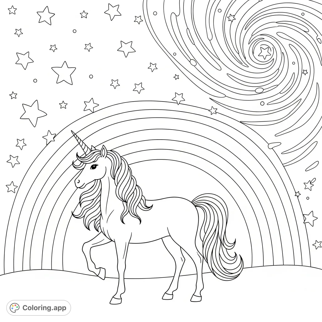 A majestic unicorn against a vibrant rainbow, sparkling stars, and a swirling galaxy. A magical fantasy scene perfect for imagination.