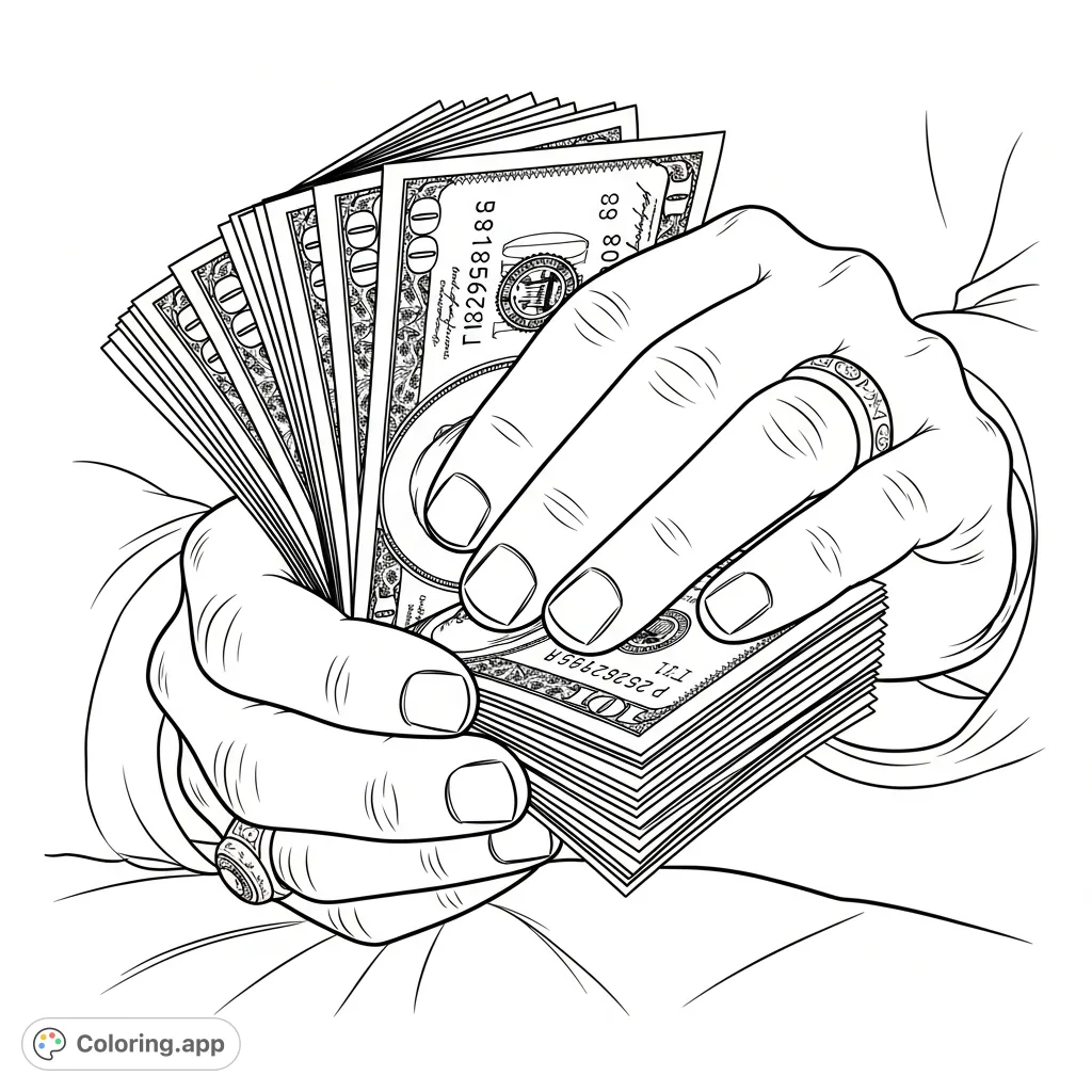 A detailed close-up of a hand, belonging to a gangster, meticulously counting a stack of currency bills. Perfect for adults who enjoy intricate money coloring pages.