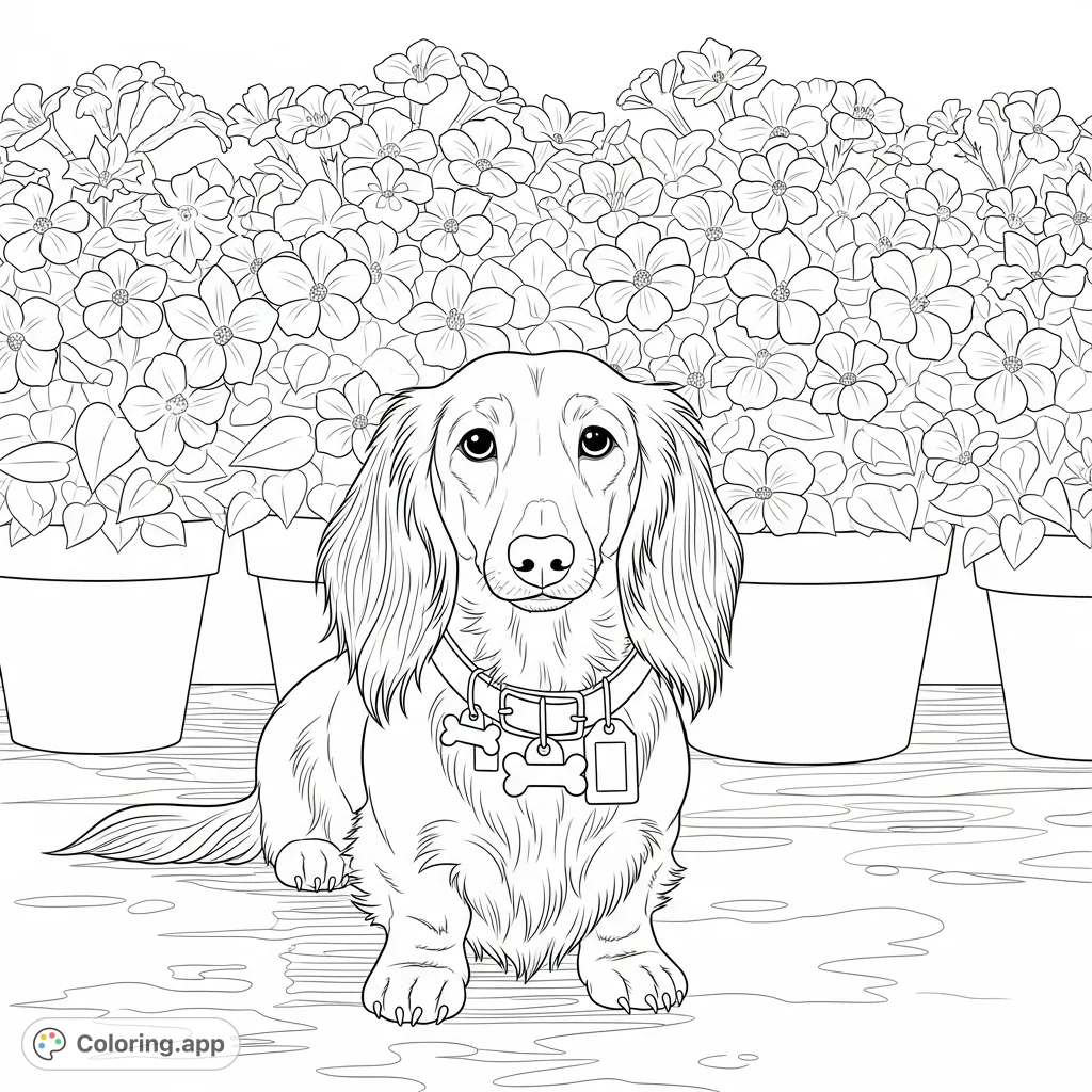 A charming long-haired dachshund with flowing fur and collar tags sits patiently amidst a dense array of potted plants, each bursting with abundant foliage and bell-shaped flowers. Ideal for detailed coloring.