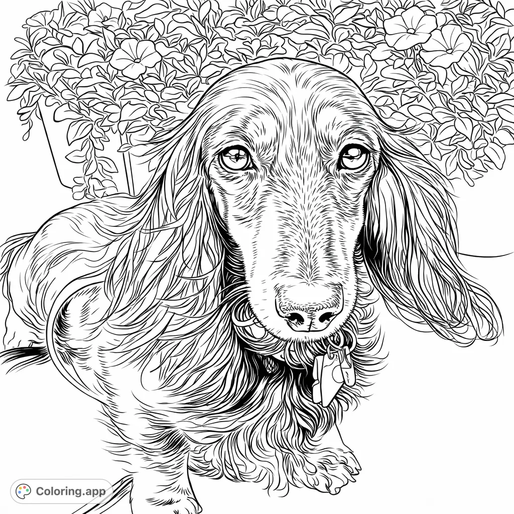A detailed long-haired dachshund sits among abundant flowers, offering a charming scene for animal lovers. Features intricate fur and floral patterns.