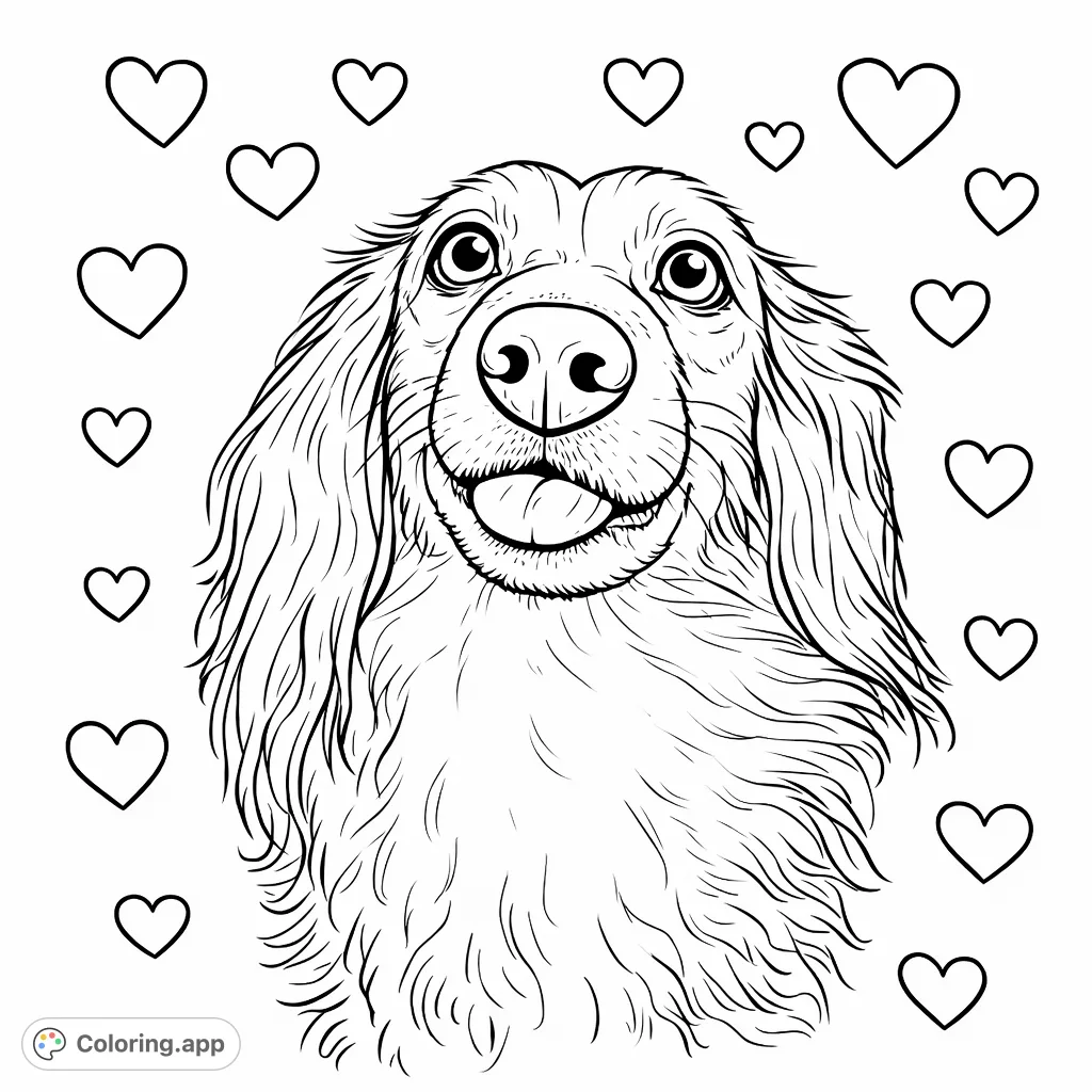 A whimsical dog portrait featuring a lovable canine with a goofy expression and tongue peeking out. Perfect for a fun dog coloring page experience! Add heart patterns.
