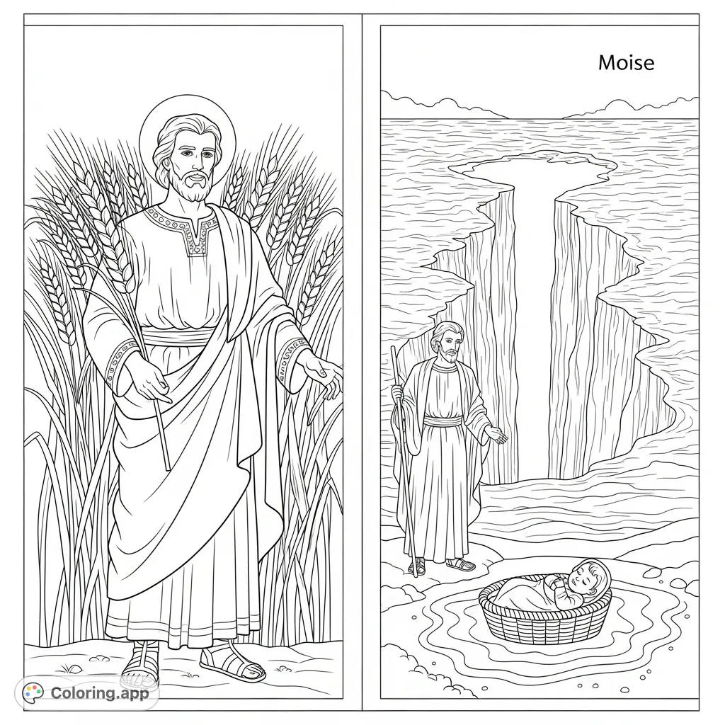 Explore ancient tales with Joseph in a wheat field and Moïse at the parted sea, featuring a baby in a basket. A detailed biblical coloring page.