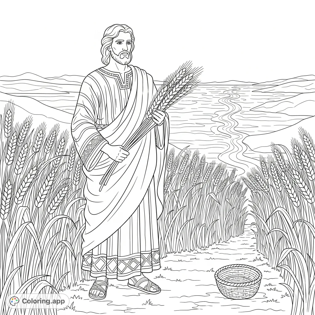 Discover Joseph in a lush grain field, holding a wheat ear, with a vast sea parting in the background. A richly detailed biblical scene awaits your creativity.