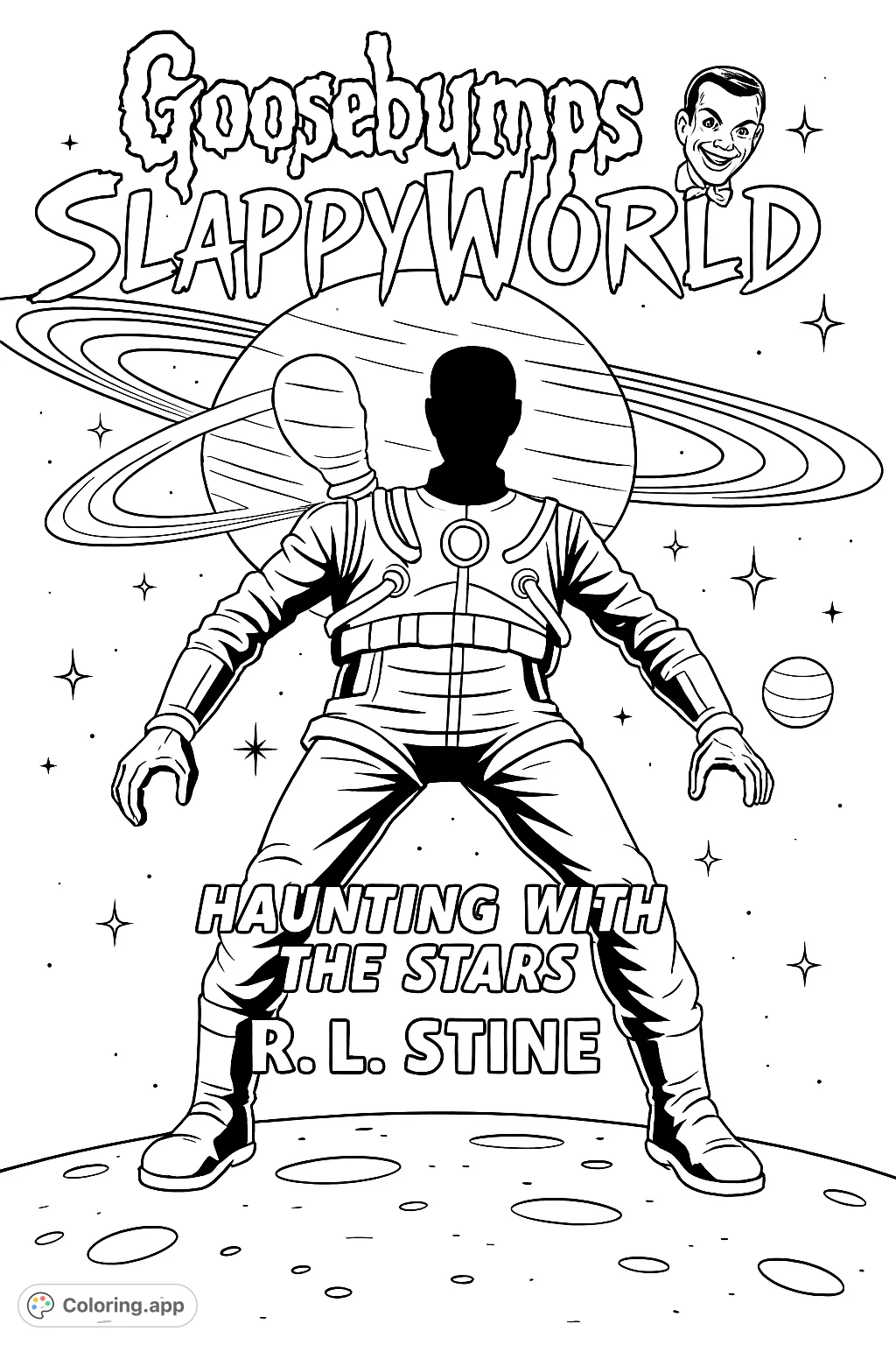 Explore the cosmos with this two-headed space creature! Intricate suit details and a star-filled background promise an exciting sci-fi adventure coloring page.