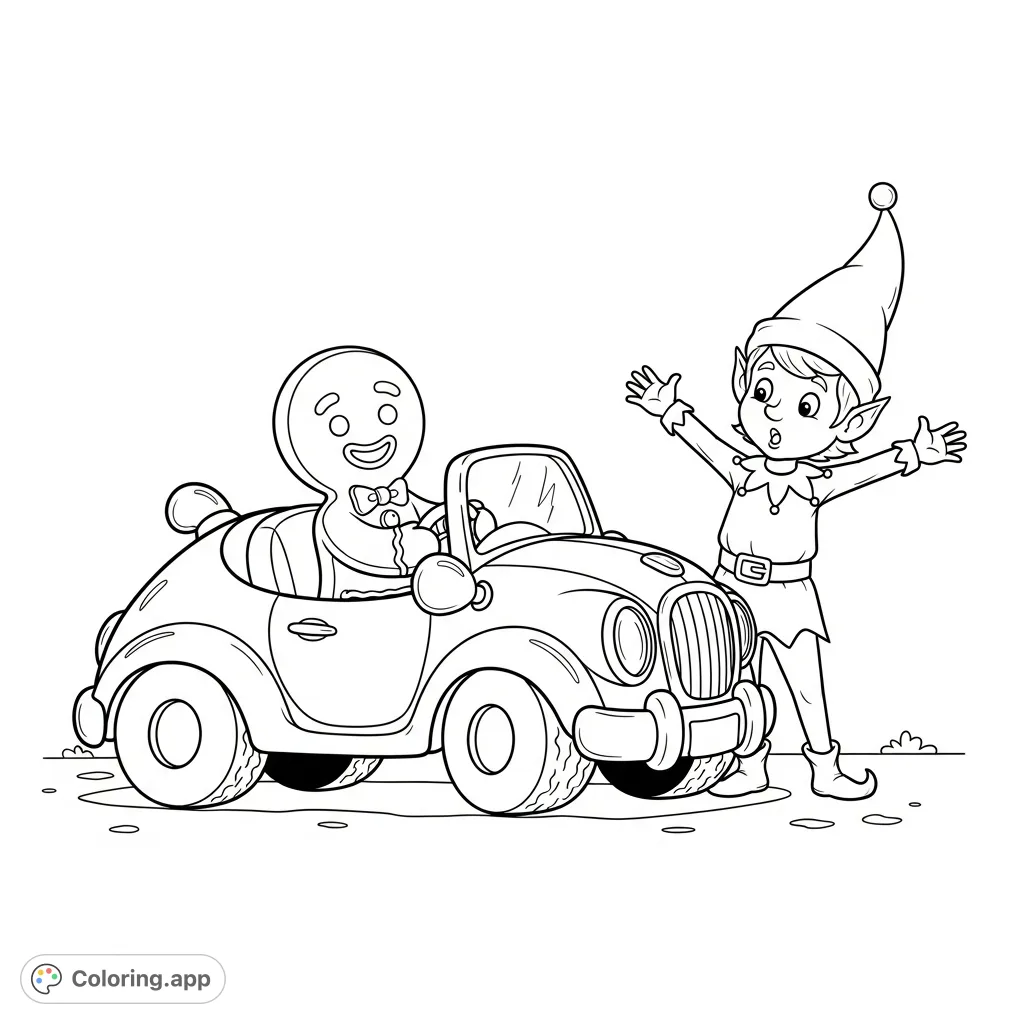 A delightful gingerbread man in a cartoon car playfully bumps into a surprised elf. A whimsical scene perfect for holiday cheer and creative coloring fun!