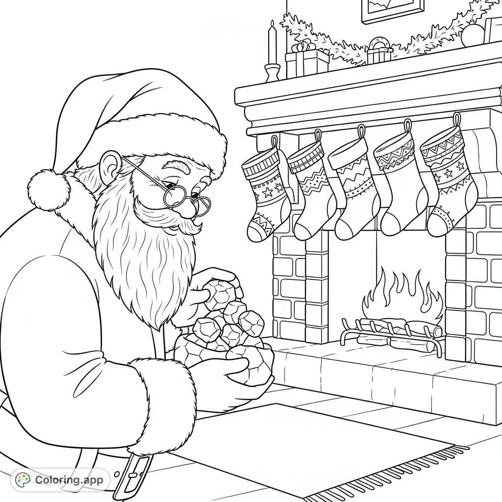 A jolly Santa Claus carefully places coal into a Christmas stocking by a cozy fireplace. A fun, whimsical scene perfect for holiday coloring.
