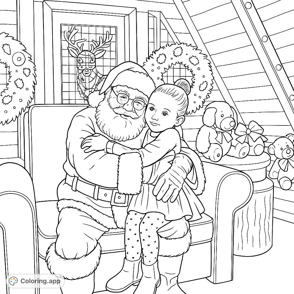 Capture the warmth of the holidays with a Santa coloring page! A happy child hugs the jolly figure amidst festive decorations and glowing lights.