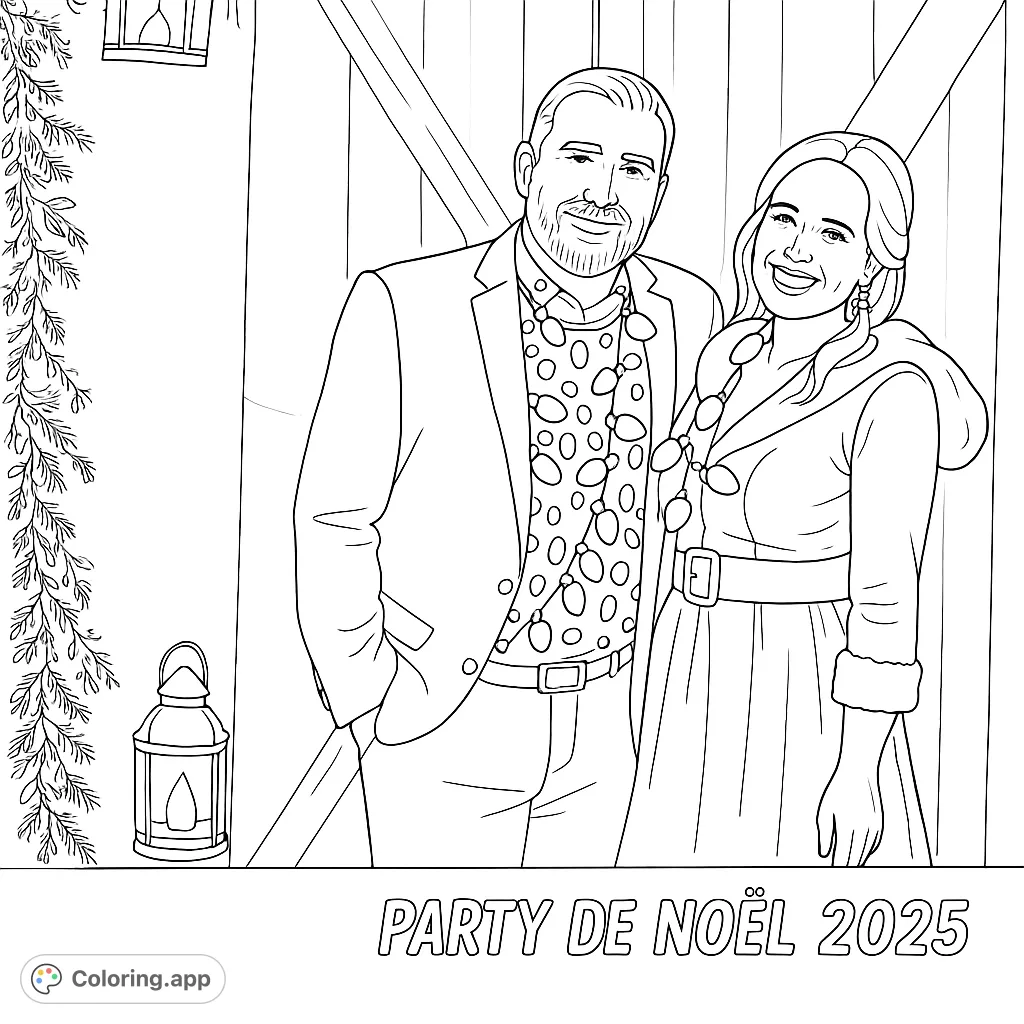 A joyful couple in festive attire, featuring unique patterned clothing and a cozy barn door backdrop. Perfect for holiday coloring fun.