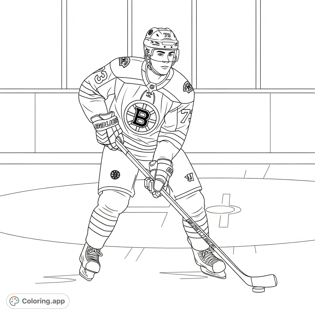 Capture the intensity of Boston Bruins defenseman Charlie McAvoy in a dynamic hockey scene. Perfect for sports fans to color, featuring his iconic number 73.