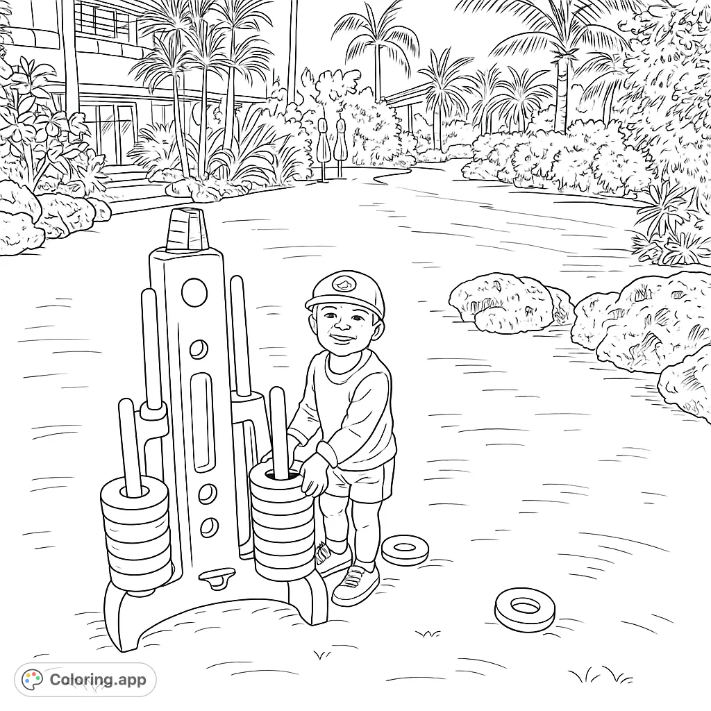 A cheerful child plays a giant ring toss game on a sprawling lawn. Features tropical landscaping and a large building in the background.