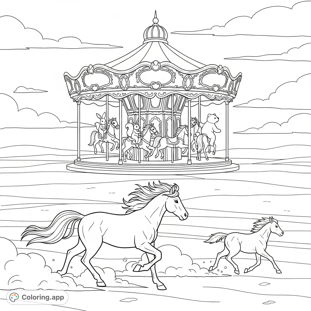 Explore a whimsical scene with an ornate carousel featuring animal riders, alongside a dynamic duo of wild equines galloping across an open, dusty plain.
