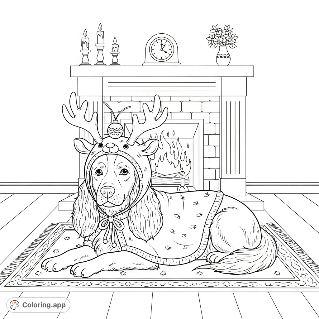 A charming spaniel-like dog in a festive reindeer costume, resting peacefully on a soft rug before a grand fireplace. Perfect for holiday cheer!