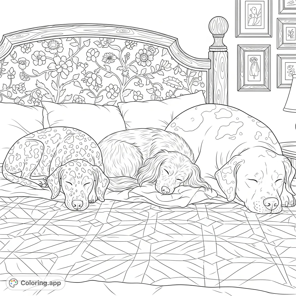 Experience serene comfort with this charming coloring page featuring three peaceful dogs nestled on a patterned quilt, surrounded by soft pillows and intricate decor.