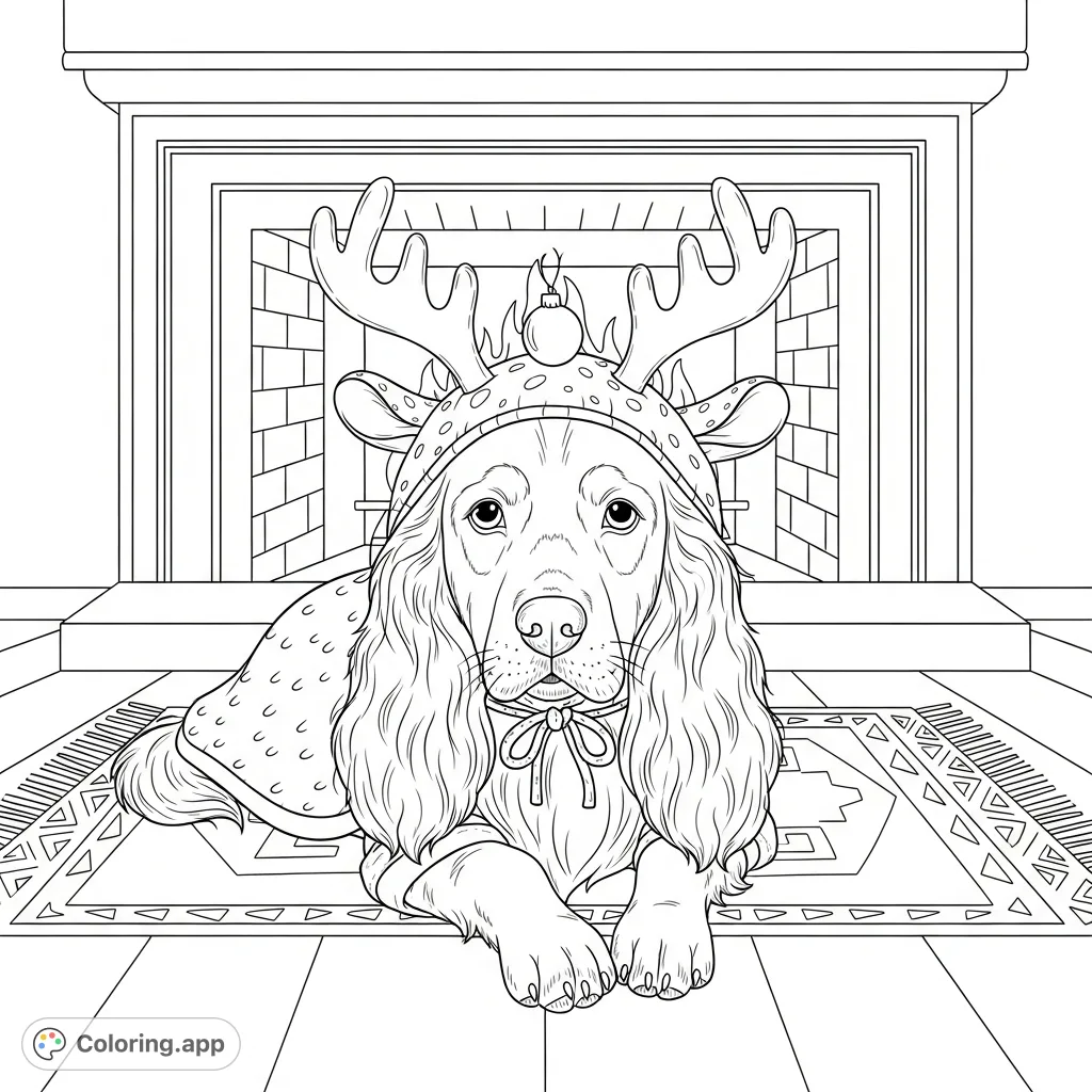 A charming spaniel-like dog in a festive reindeer costume, nestled on a soft rug by a grand fireplace, awaits your creative touch in this cozy scene.