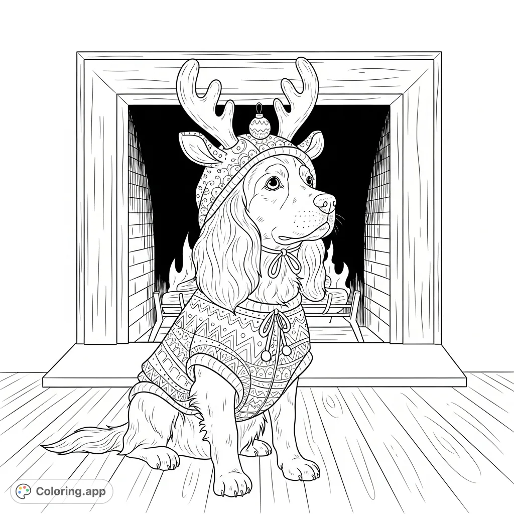 A delightful spaniel-like dog in an intricately textured reindeer costume, sitting by a warm fireplace on a polished wooden floor. Perfect for a cozy coloring session!