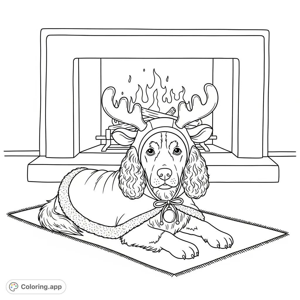 A delightful spaniel in a reindeer costume, relaxing on a rug by a fireplace. This charming free printable coloring page is perfect for animal lovers.