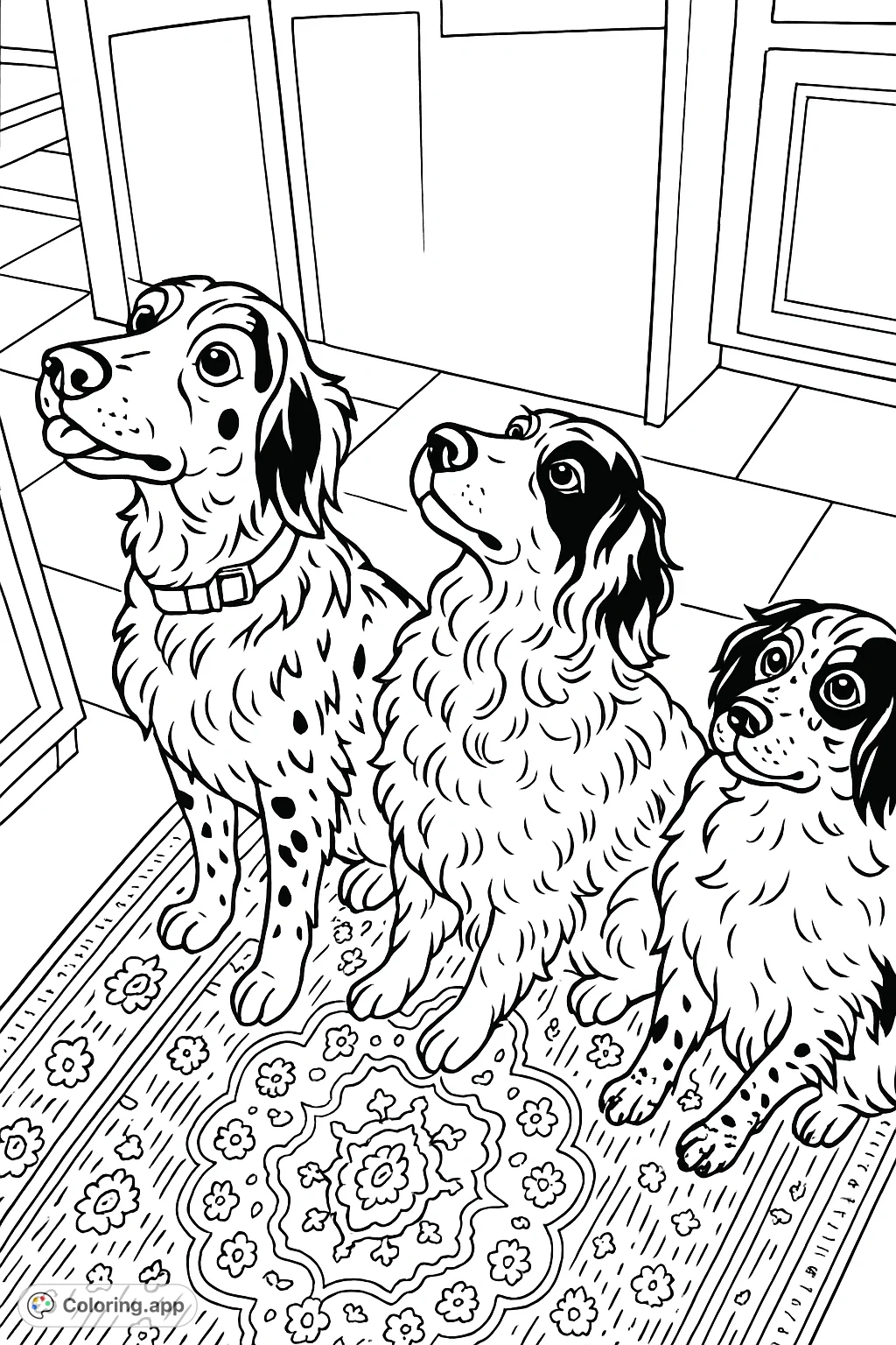 A delightful cartoony coloring page featuring three curious dogs looking up with anticipation. Perfect for dog lovers to explore patterns and add vibrant hues to their furry friends. Free printable fun!