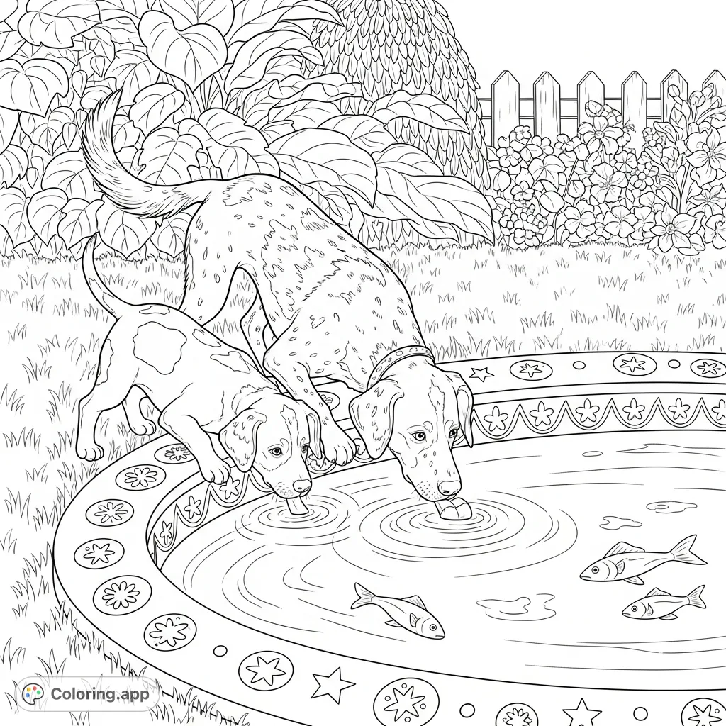 Two adorable dogs, one speckled, one patched, curiously investigate a floating object in an oval pool within a grassy yard. Features decorative patterns and foliage.