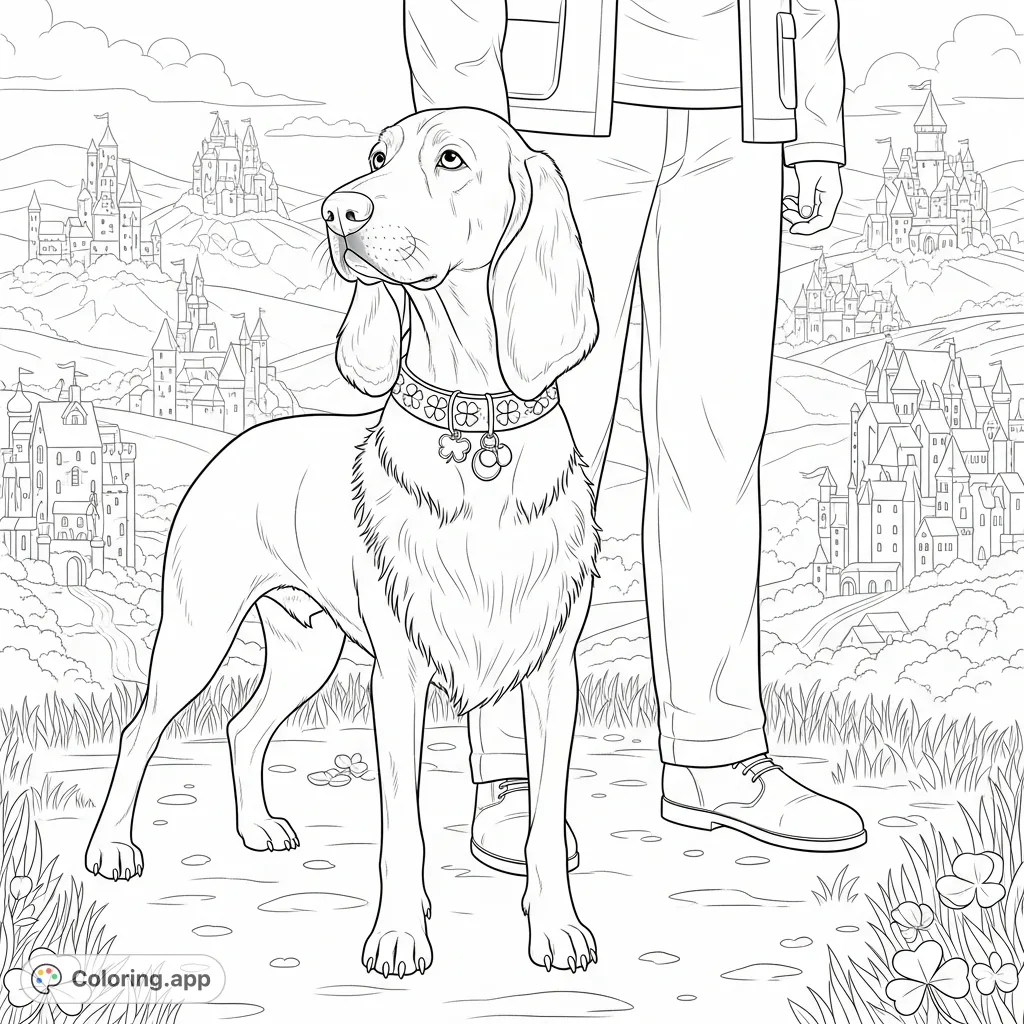 Embark on an epic adventure with a distinguished dog overlooking a breathtaking panorama of intricate castles and rolling hills. A detailed coloring page.