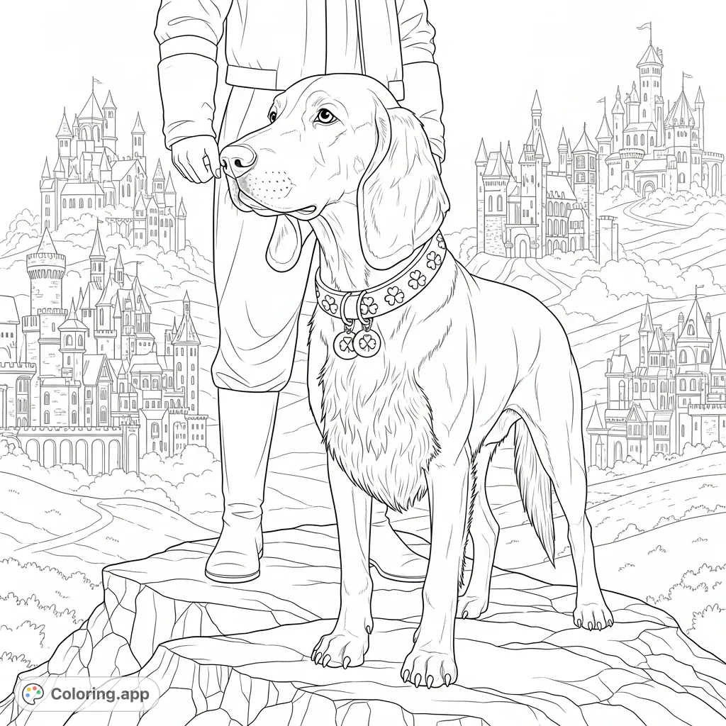 A majestic dog and its companion stand before a dramatic landscape dotted with intricate castles shrouded in mist. A detailed fantasy adventure scene.