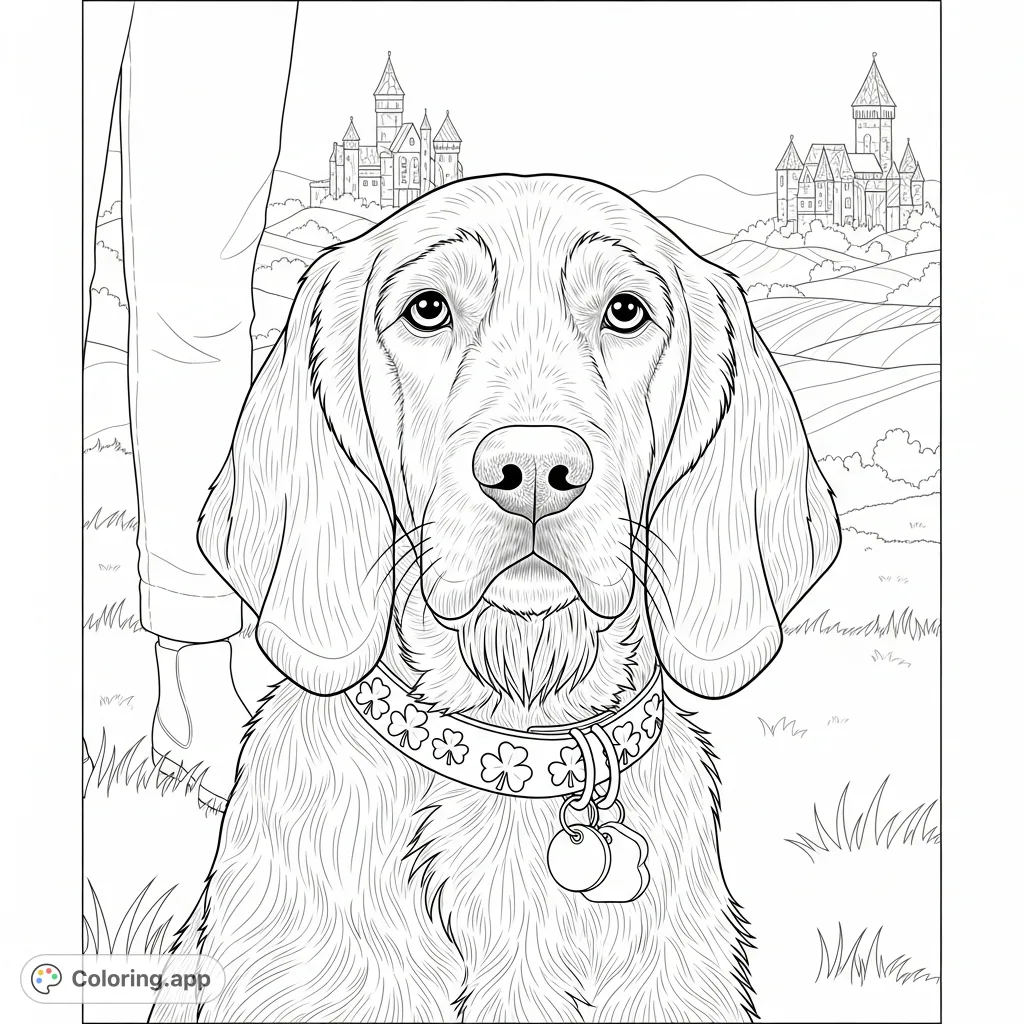 A highly detailed dog portrait with shaggy fur, paw print collar, and a backdrop of majestic castles on rolling hills, offering an intricate coloring experience.