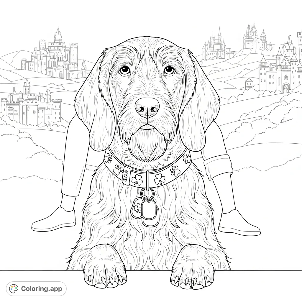 A distinguished dog with shaggy fur and a paw-print collar looks forward, with a blurred person and detailed castles on distant hills in the background.