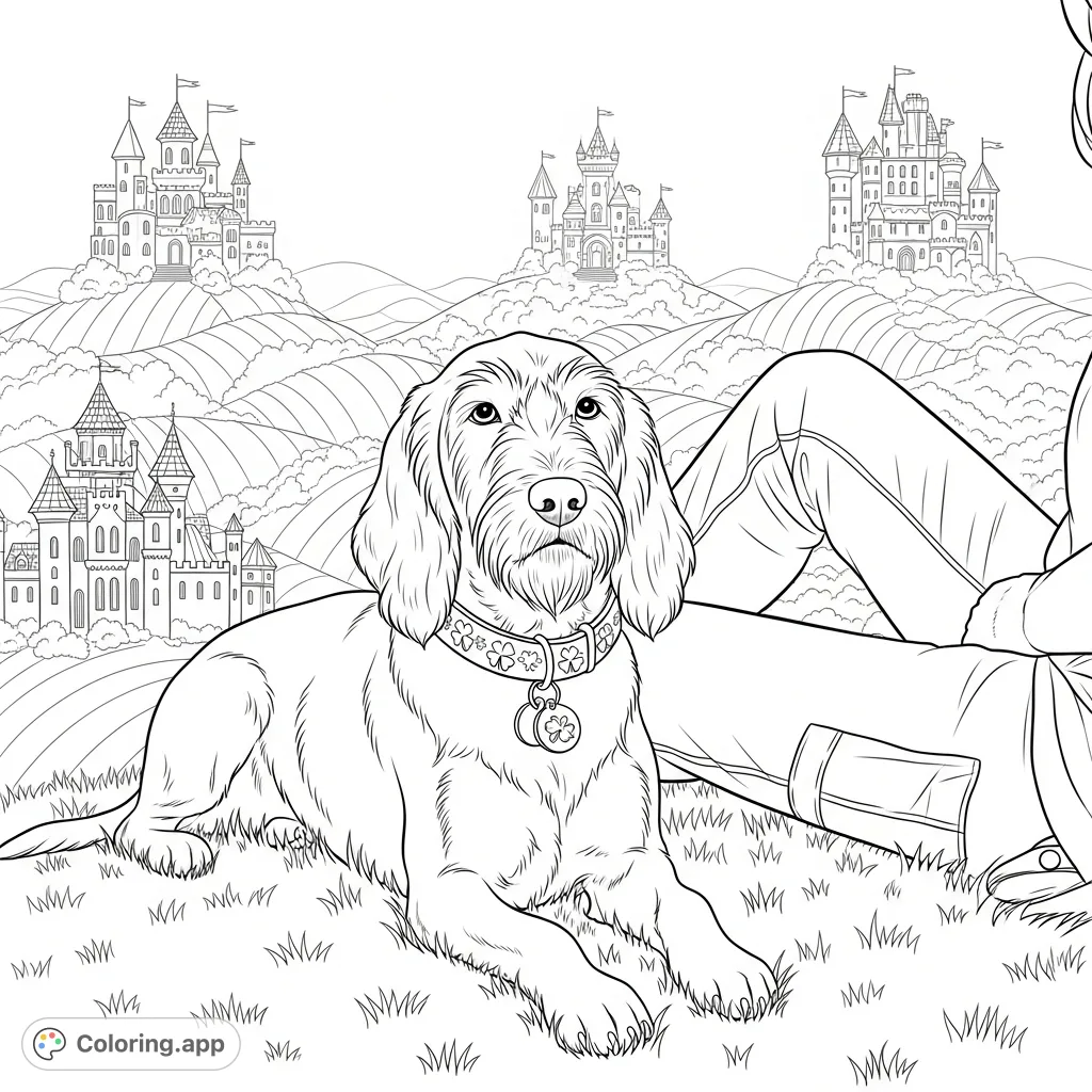 A distinguished dog rests on a grassy knoll, watching forward with a person seated behind. Ornate castles crown rolling hills in a detailed fantasy landscape.