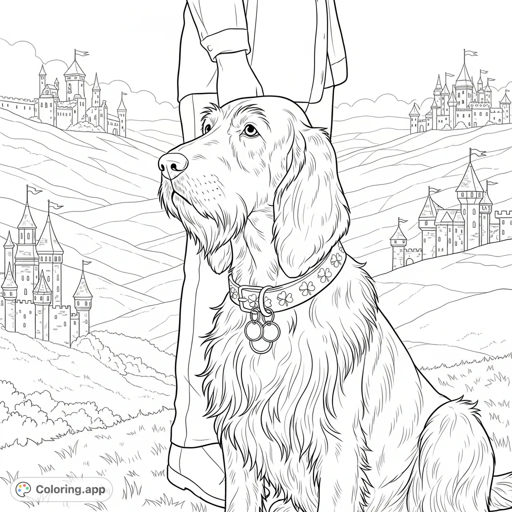 Discover a majestic dog overlooking a grand valley dotted with intricate castles and rolling hills, a perfect scene for detailed coloring.