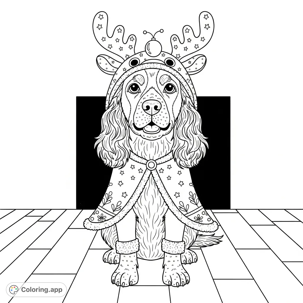 An adorable spaniel sits attentively, wearing a textured reindeer costume with antlers and a festive ornament. A charming and detailed animal coloring page for all ages.