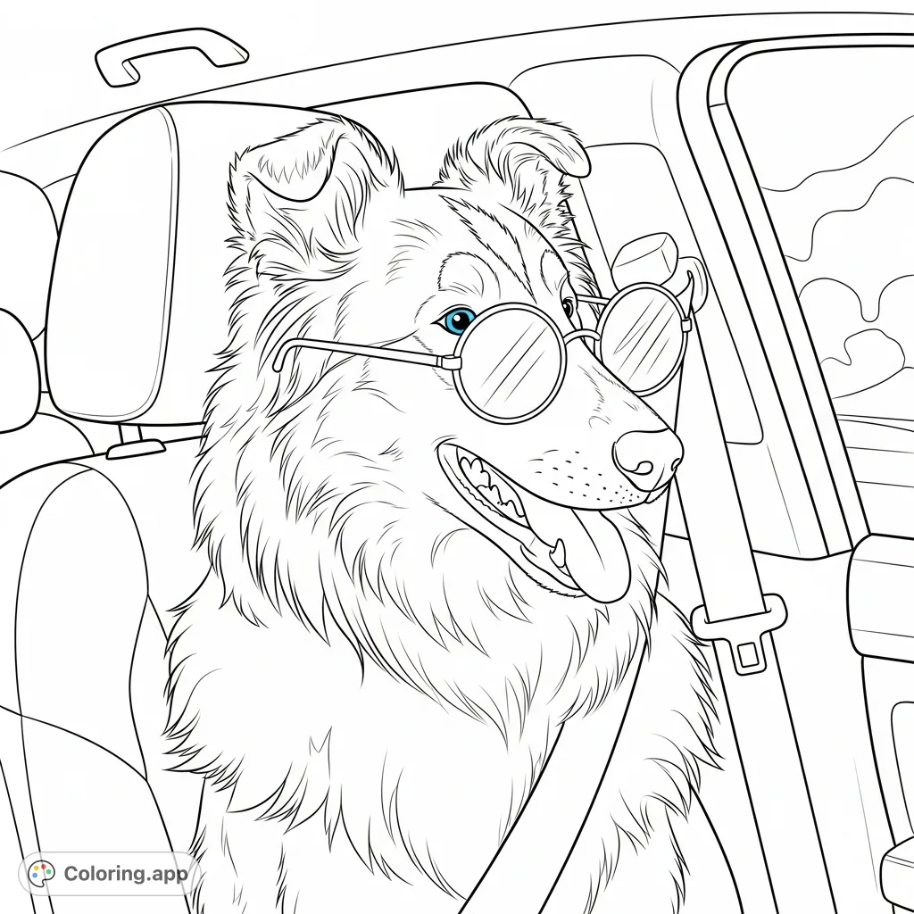 A charming Collie-like dog wearing cool sunglasses, panting happily in a car seat, perfect for a fun and engaging coloring adventure.