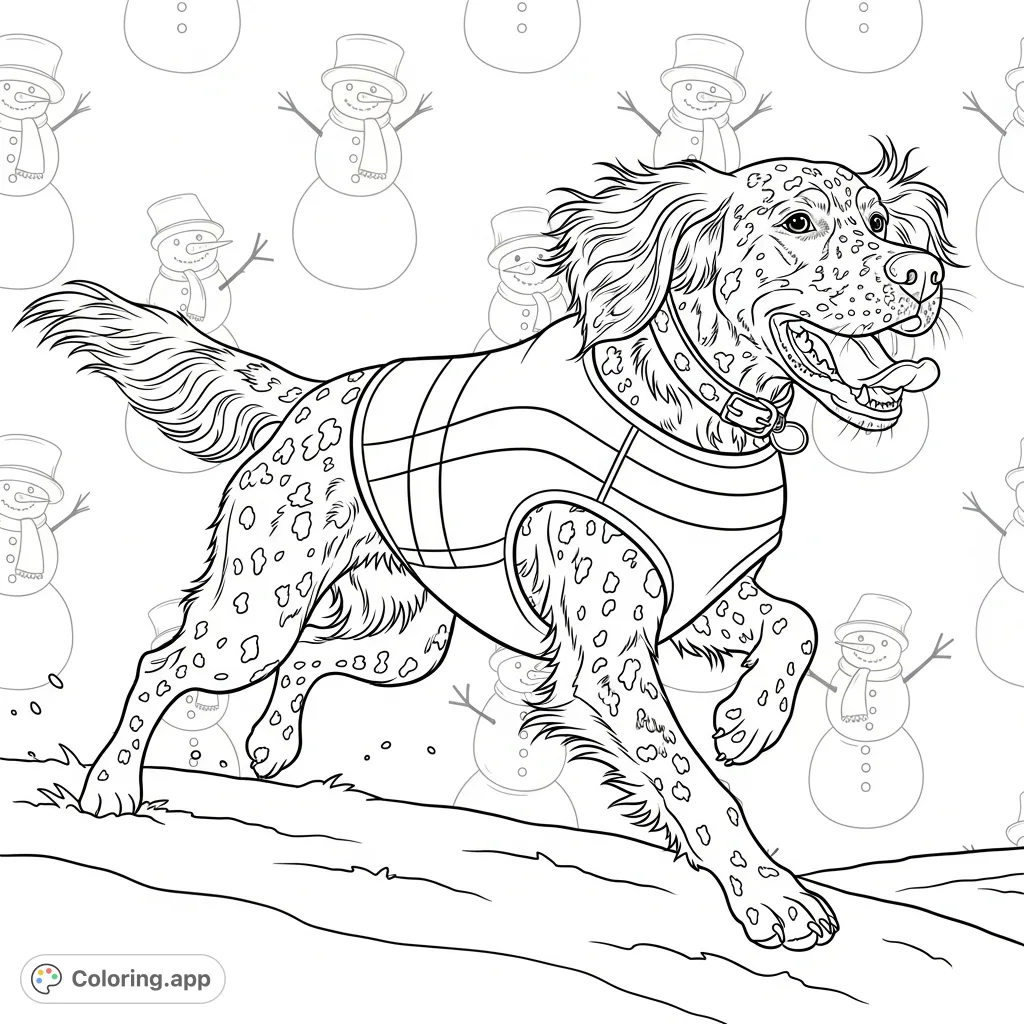 An energetic spotted dog mid-leap, showcasing a joyful expression and a striped vest, ready for an adventure. Perfect for all dog lovers!