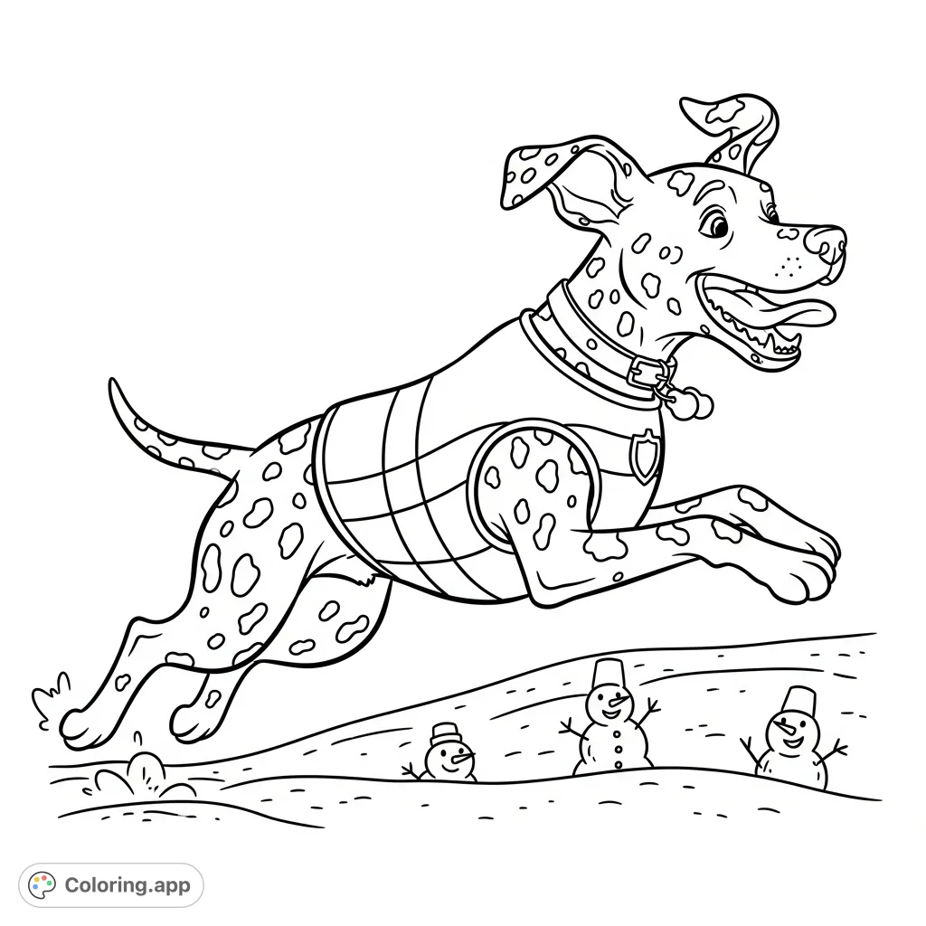Capture the thrill of a spotted dog in full stride! This dynamic coloring page features an energetic canine with a striped vest and many distinct spots.