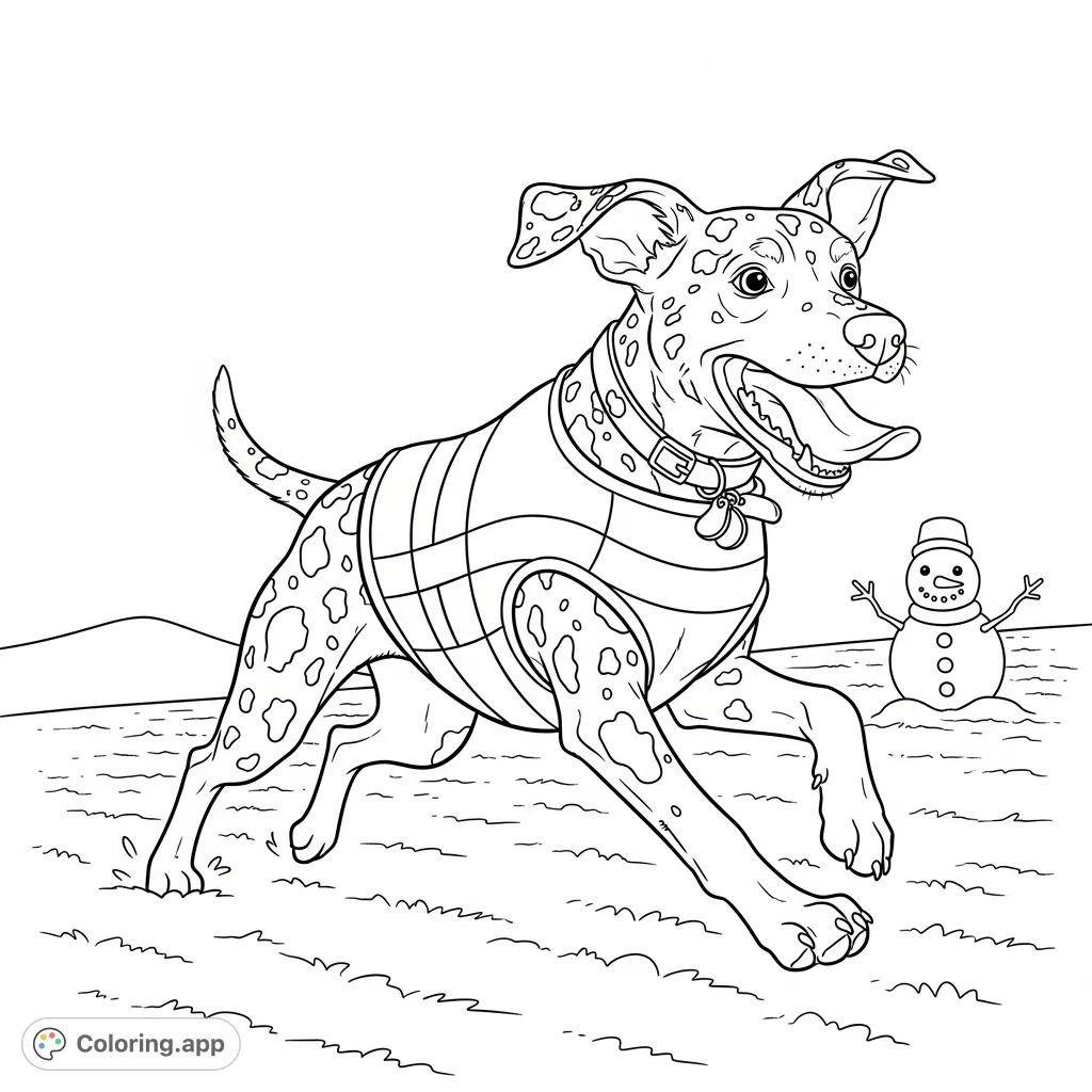 Capture the exhilaration of a spotted dog in full stride with this dynamic coloring page, featuring intricate spots and a striped vest.