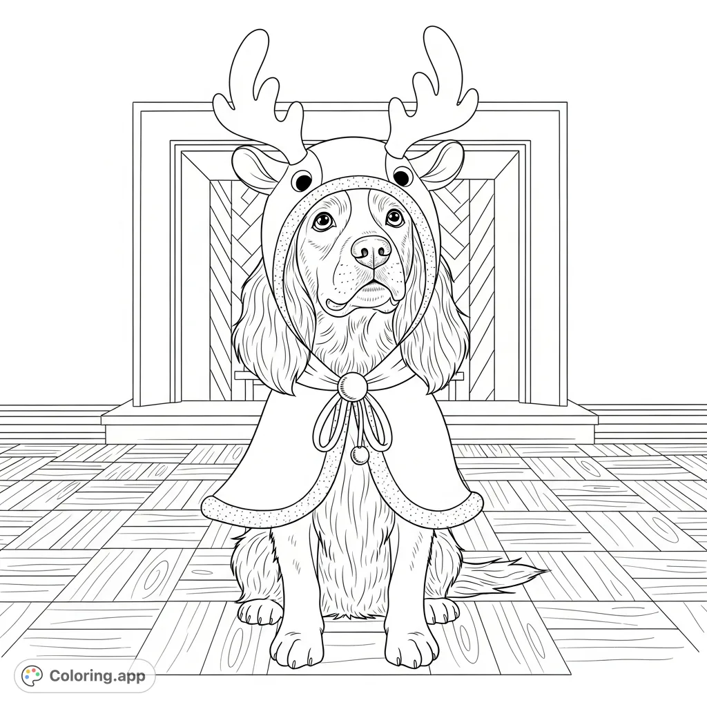A charming spaniel-like dog in a festive reindeer costume sits on a wooden floor, with a grand fireplace in the background, perfect for holiday coloring.