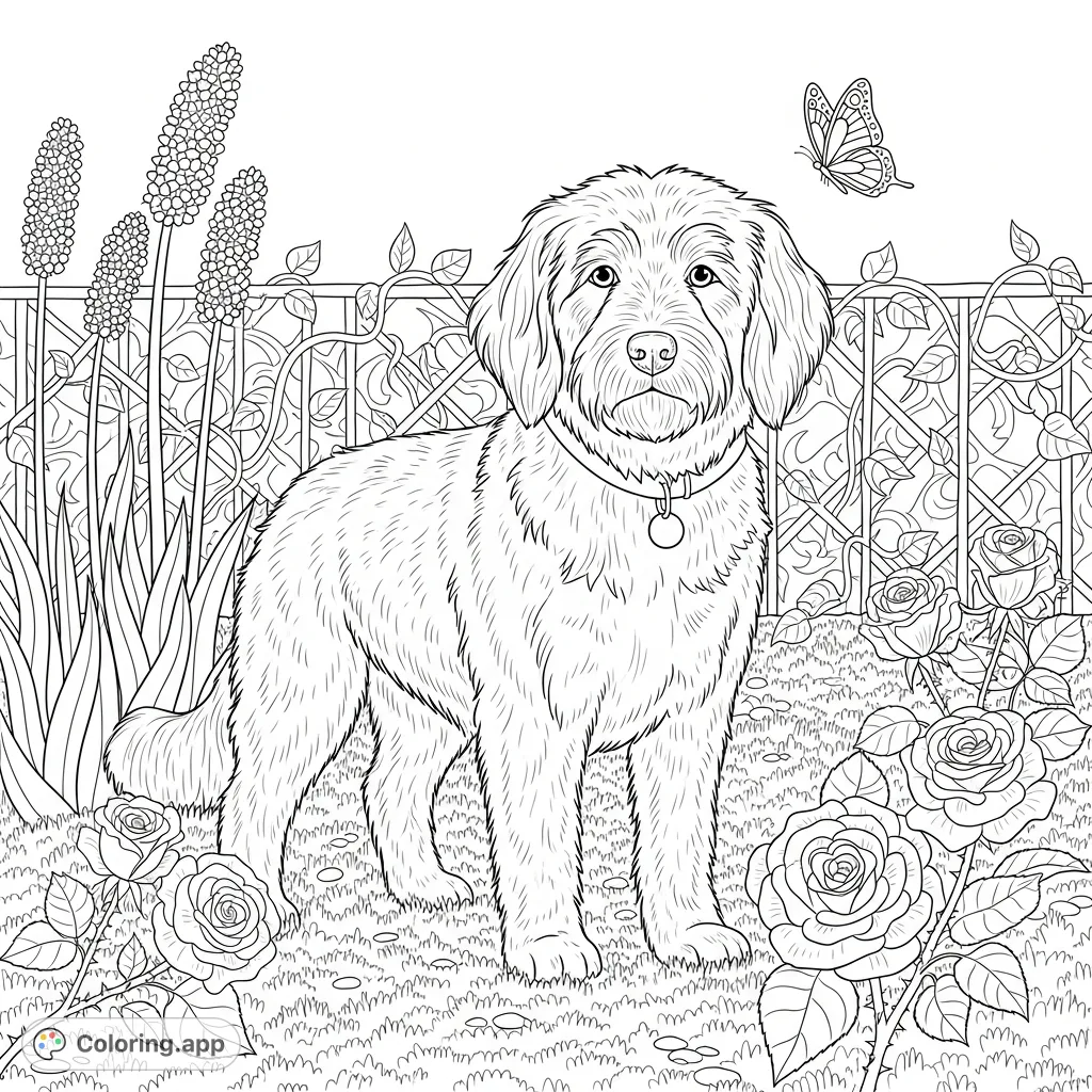 A charming fluffy canine stands amid textured grass and elegant plant stalks, set against a patterned fence with lush intertwining vines and leaves.