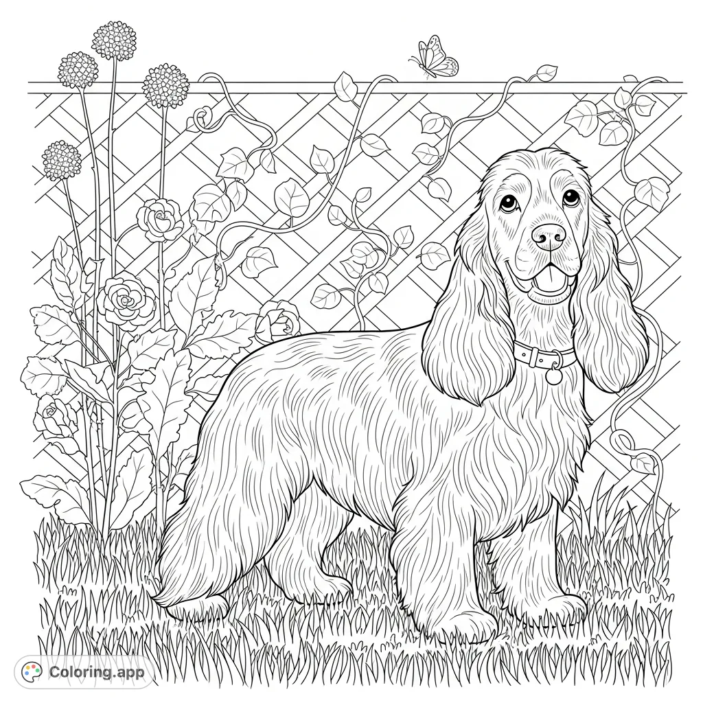 A charming fluffy canine with detailed fur stands on grassy ground, backed by an intricate lattice fence adorned with vines and broad leaves. A delightful animal coloring page.