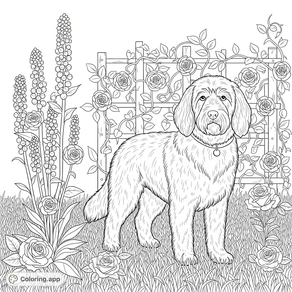 A delightful fluffy canine stands amidst a detailed garden with textured fur, a patterned fence, and intertwining vines, perfect for all ages.