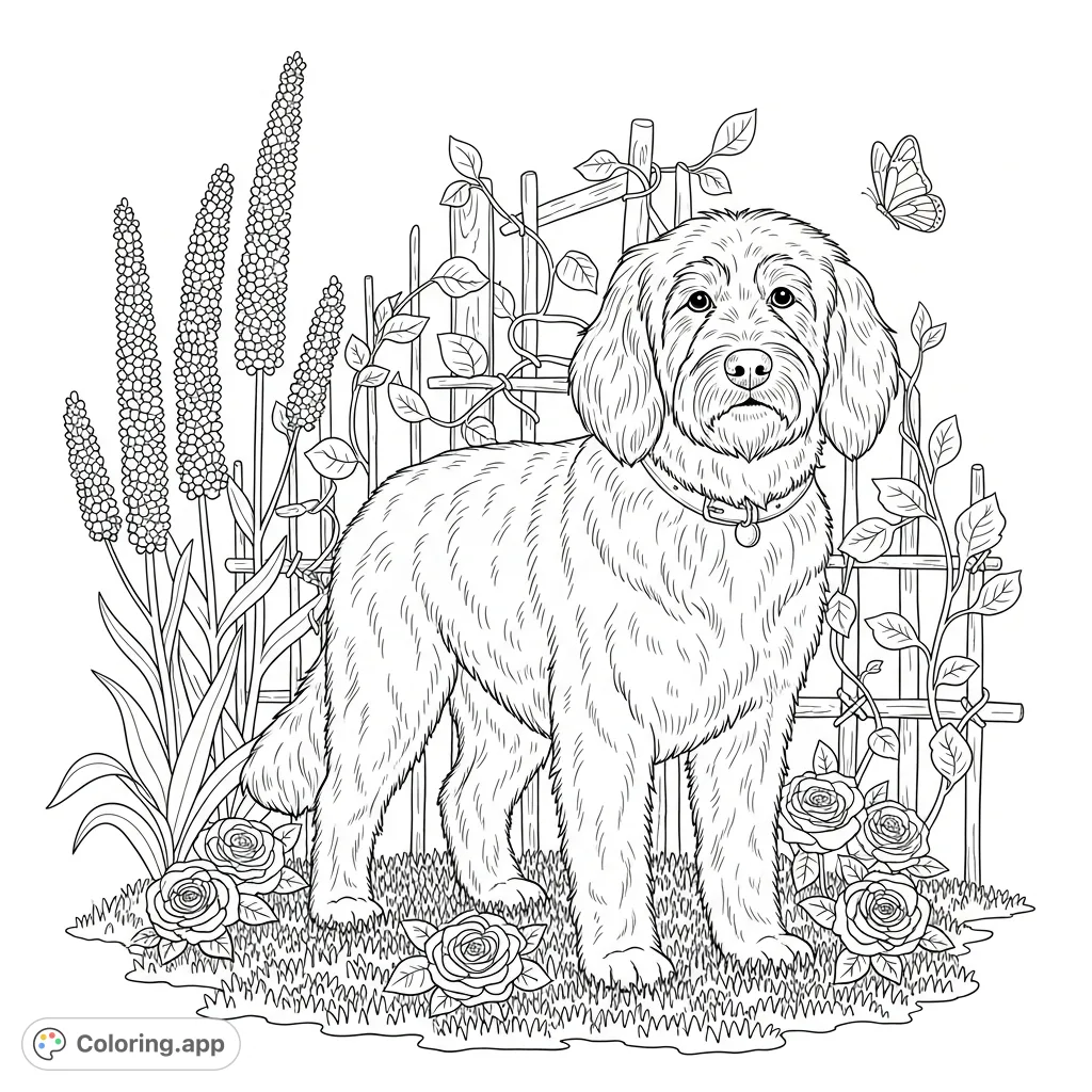 A charming fluffy canine stands proudly in a vibrant grassy yard, framed by elegant plant stalks and a vine-covered fence, perfect for a relaxing coloring session.