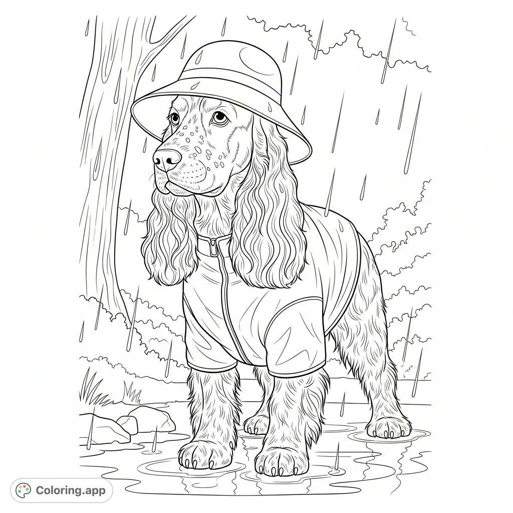 A charming fluffy dog in a hat and jacket, standing on a patterned rug before elegant furniture. A delightful scene for animal lovers of all ages to color and enjoy.