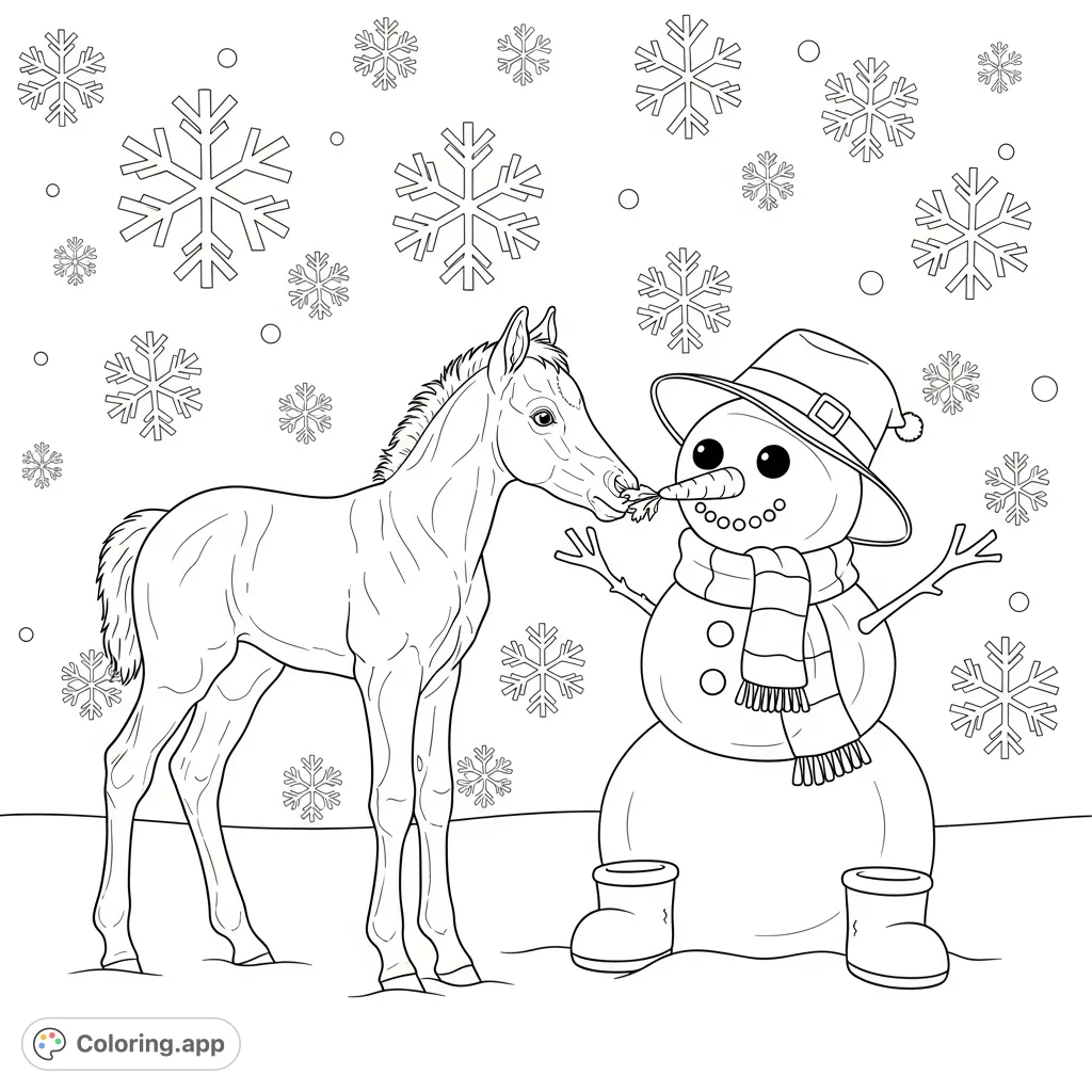 Discover a charming winter scene featuring a curious foal meeting a friendly snowman amidst falling snowflakes. A delightful free printable coloring page for all ages.