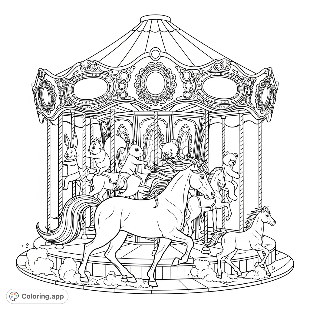 Step into a whimsical world with this enchanting carousel coloring page, featuring a rabbit, squirrel, bear, and two majestic equines in joyful motion.