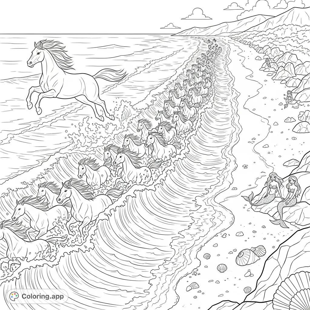 Experience the majesty of horses leaping along a coastline, as ocean waves transform into a powerful herd of water-horses. A captivating scene for colorists!