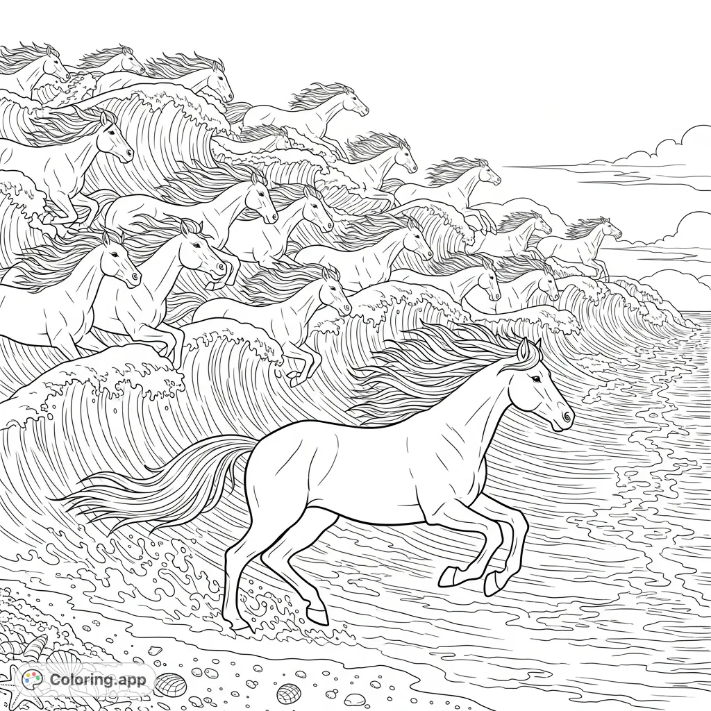 Witness a powerful horse leading a majestic procession across an ocean scene where crashing waves intricately form a herd of leaping equines towards a shell-strewn beach.