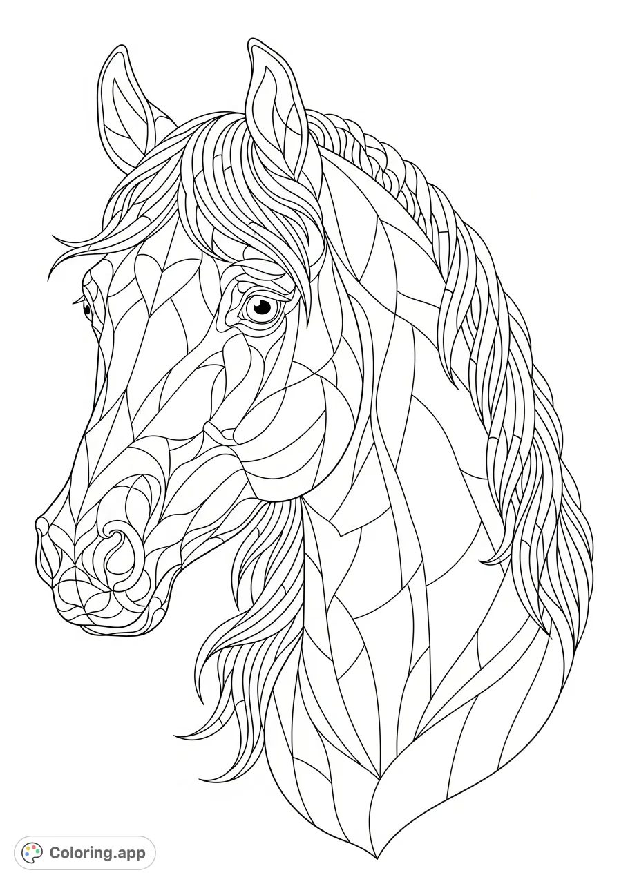 An intricate coloring page featuring a detailed horse head composed of numerous geometric segments, forming a stunning abstract stained glass pattern. For advanced colorists.