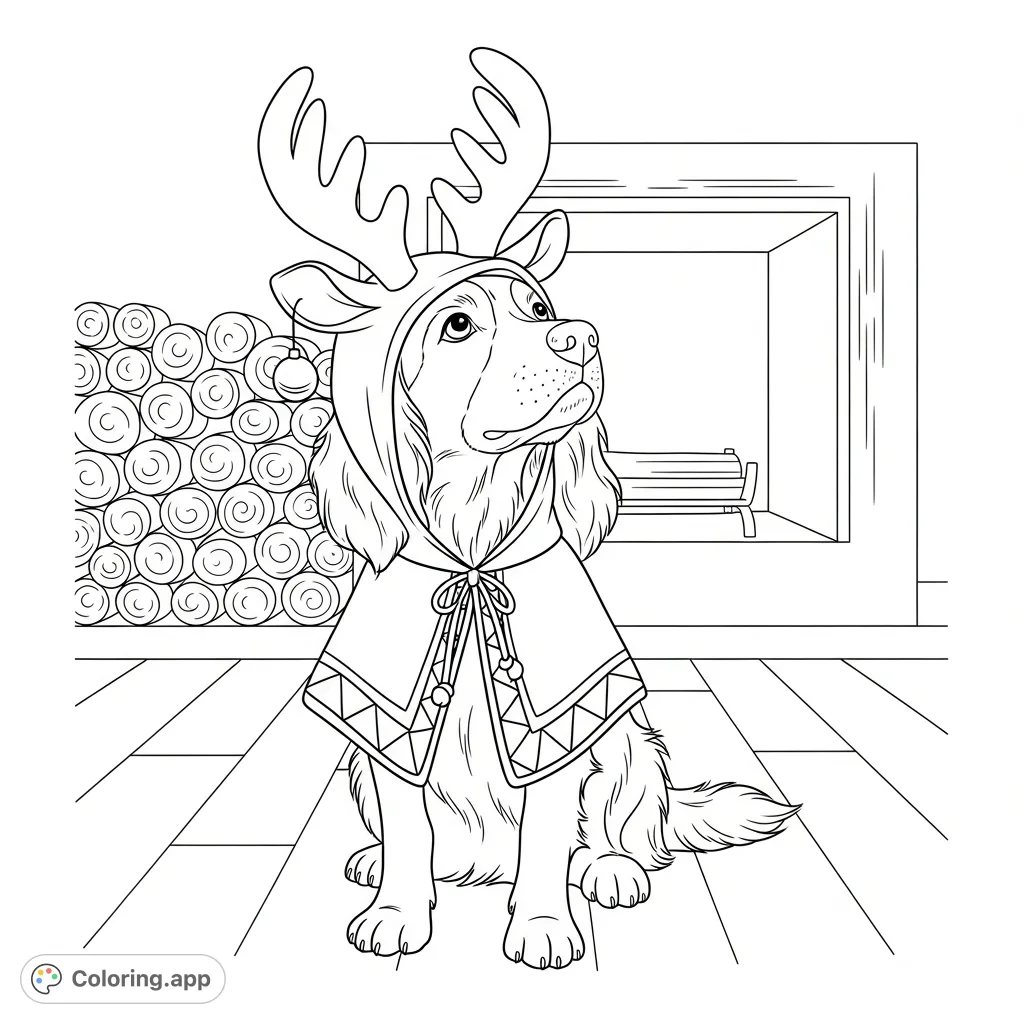 A charming spaniel-like dog in a detailed reindeer costume sits by a cozy fireplace, ready for festive coloring fun this holiday season.